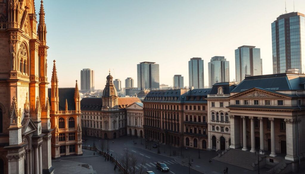 A breathtaking cityscape showcasing the architectural styles of a historic European city. The foreground features a grand cathedral with ornate Gothic spires and intricate stone carvings, bathed in warm, golden light. In the middle ground, a row of stately neoclassical buildings with symmetrical facades and elegant columns line the cobblestone streets. The background is dominated by a series of modern, sleek high-rises, their glass and steel facades creating a striking contrast with the older structures. The scene is infused with a sense of timelessness, where the past and present coexist harmoniously. The lighting is soft and atmospheric, casting long shadows and highlighting the architectural details. The overall composition captures the essence of "style architektoniczne" - a captivating blend of diverse architectural influences and eras.