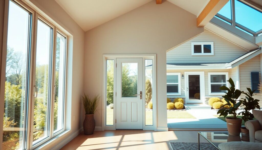 A bright, modern interior with a focus on energy-efficient windows and doors. The foreground features large, sleek windows that let in abundant natural light, illuminating the spacious room. The middle ground showcases a stylish, insulated door that seamlessly blends into the surrounding architecture. The background depicts a cozy, well-insulated home exterior, with verdant landscaping and a clear blue sky overhead. The overall scene conveys a sense of comfort, efficiency, and environmental consciousness, highlighting the benefits of investing in high-performance windows and doors. The lighting is soft and diffused, creating a warm, inviting atmosphere. Cinematic camera angle and composition to emphasize the importance of energy-efficient fenestration.
