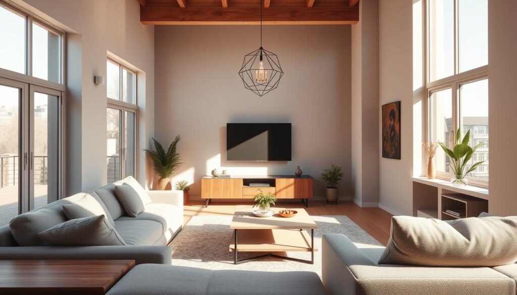 A contemporary living room in a cozy, modern loft in the year 2025. Sunlight streams through large windows, casting a warm, natural glow throughout the space. The interior features clean lines, minimalist furniture, and a muted color palette of earthy tones and natural materials like wood and stone. A sleek, floating media console anchors the room, complemented by plush, textured seating. Accent pieces, such as a geometric pendant light and potted plants, add visual interest and a touch of organic elegance. The overall atmosphere is one of effortless sophistication and tranquility, reflecting the evolving design trends of the future.