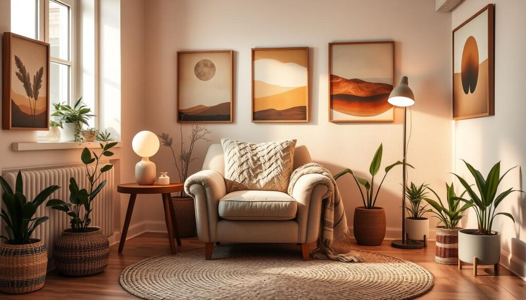 A cozy and inviting interior with warm lighting, soft textures, and a harmonious color palette. A plush, oversized armchair takes center stage, flanked by a wooden side table and a delicate floor lamp. The walls are adorned with earthy-toned artwork, creating a sense of coziness and familiarity. A woven area rug grounds the space, while potted plants and a strategically placed throw blanket add natural elements. The overall atmosphere is one of comfort, relaxation, and a touch of Scandinavian-inspired hygge.