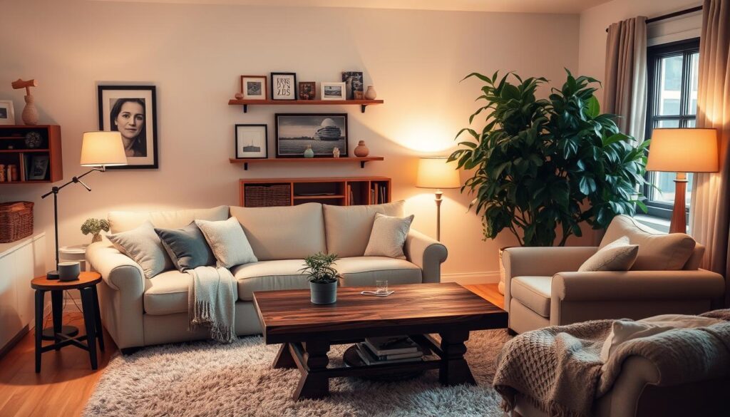 A cozy and inviting living room with a plush, neutral-toned sofa and armchair arranged around a rustic wooden coffee table. Soft, warm lighting from a pair of floor lamps casts a gentle glow, creating a tranquil and relaxing atmosphere. The walls are adorned with framed art and shelves displaying personal mementos, while a large, lush houseplant in the corner adds a touch of nature. The room is completed by a fluffy area rug and throw blankets, exuding a sense of comfort and homeliness.