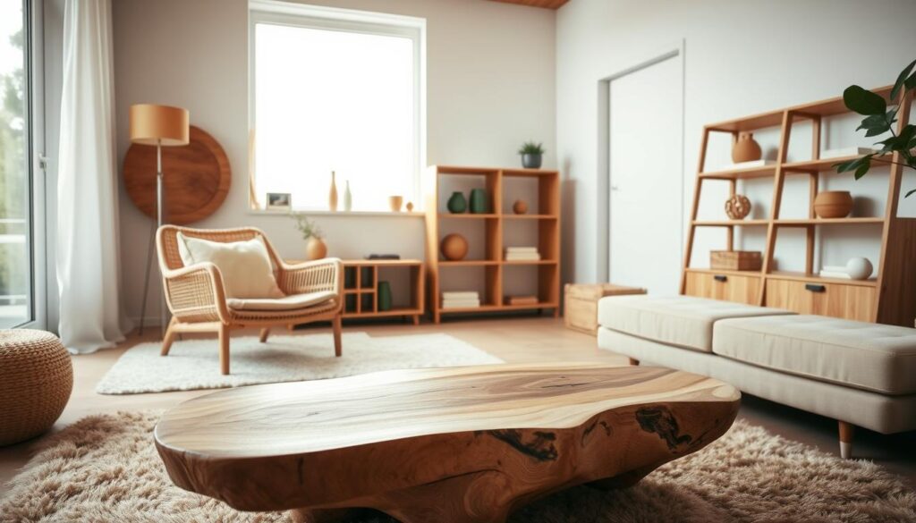 A cozy living room showcases a collection of modern furniture crafted from natural materials. In the foreground, a rustic wooden coffee table with a smooth, organic surface rests on a plush, earthy-toned area rug. Beside it, a comfortable armchair upholstered in woven natural fibers invites relaxation. Across the room, a minimalist shelving unit displays carefully curated décor, its clean lines and warm wood tones complementing the overall aesthetic. Soft, diffused lighting from a large window fills the space, creating a tranquil, nature-inspired ambiance. The scene conveys a sense of simplicity, sustainability, and a return to the beauty of natural materials in contemporary design.