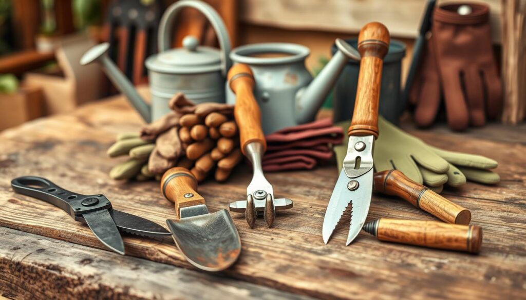 A cozy outdoor scene with a well-organized workbench showcasing an assortment of high-quality hand tools. In the foreground, a pair of sturdy pruning shears, a hand trowel, and a small hand rake are neatly displayed. The middle ground features a classic wooden-handled garden fork and a sharp pair of secateurs, their blades gleaming in the soft, natural lighting. In the background, a vintage watering can and a selection of gardening gloves create a sense of depth and functionality. The overall composition conveys the charm and practicality of manual gardening tools, with a warm, earthy tone that complements the natural setting.