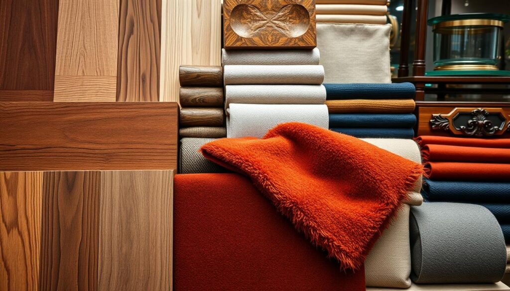 A high-quality image showcasing an array of diverse furniture materials. In the foreground, a close-up view of a range of wood grains, textures, and finishes - oak, walnut, maple, and cherry. In the middle ground, swatches of plush upholstery fabrics in rich, saturated colors - velvet, linen, and microfiber. In the background, a subtle display of sleek metal accents, smooth glass surfaces, and intricate carvings, all illuminated by warm, soft lighting to highlight the quality and craftsmanship. The overall composition conveys a sense of timeless elegance and durability, perfectly suited for a feature on selecting high-quality, long-lasting furniture.