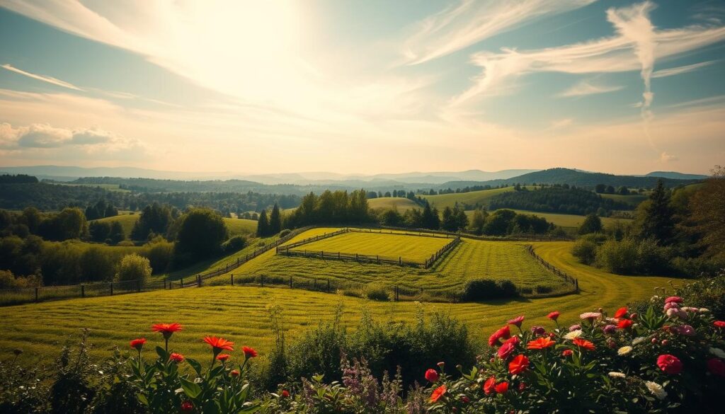 A lush, verdant landscape with a centrally positioned plot of land, its boundaries clearly delineated by a wooden fence or natural vegetation. The plot is situated in a picturesque rural setting, with rolling hills or a distant mountain range providing a scenic backdrop. Sunlight filters through wispy clouds, casting a warm, golden glow over the scene. In the foreground, a detailed, well-manicured garden showcases a variety of vibrant flowers and plants, hinting at the potential for a beautiful home site. The overall composition conveys a sense of tranquility, balance, and the perfect harmony between nature and human habitation.
