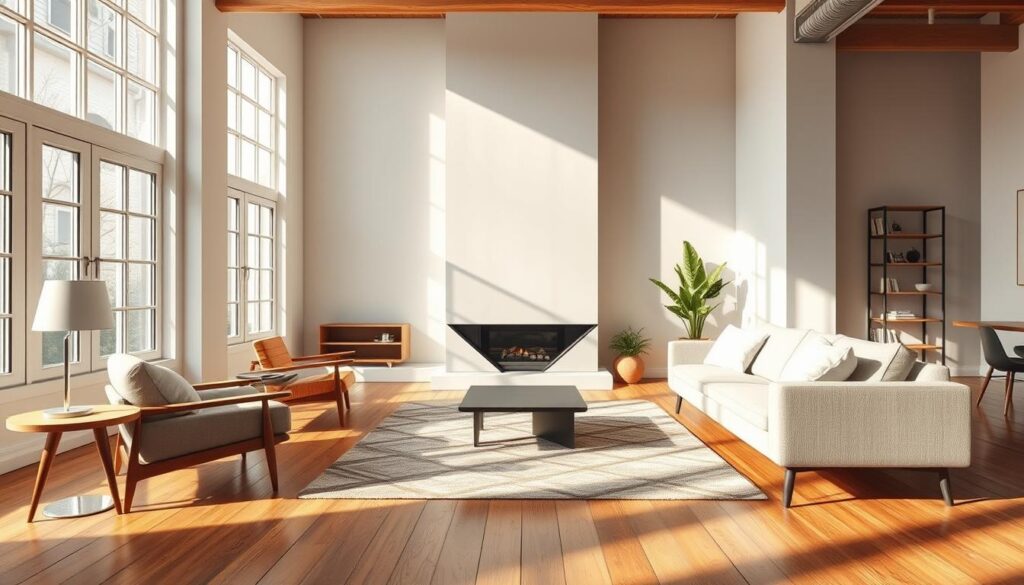 A minimalist living room with natural light streaming through large windows, casting a warm glow on the clean lines of the mid-century modern furniture. Wooden floors and a neutral color palette create a serene, uncluttered ambiance. A sleek, angular fireplace anchors the space, surrounded by a simple, geometric-patterned rug. The room exudes a sense of balance and harmony, reflecting the essence of Scandinavian design. In the background, a hint of industrial-style shelving and potted plants add subtle touches of texture and greenery, completing the loft-inspired aesthetic.