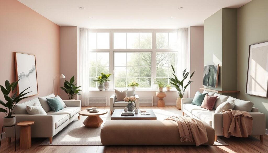 A modern and stylish interior design, showcasing the dominant color trends for 2025. The room features a harmonious blend of soothing pastel hues, with soft shades of sage green, dusty rose, and muted lavender adorning the walls, furniture, and textiles. Abundant natural light filters through large windows, creating a tranquil and inviting ambiance. Minimalist furnishings and clean lines emphasize the sophisticated, yet cozy atmosphere. Decorative elements, such as potted plants and abstract artwork, add subtle pops of color and texture, complementing the overall color palette. The scene exudes a sense of balance, comfort, and timeless elegance, reflecting the anticipated design trends for the year 2025.