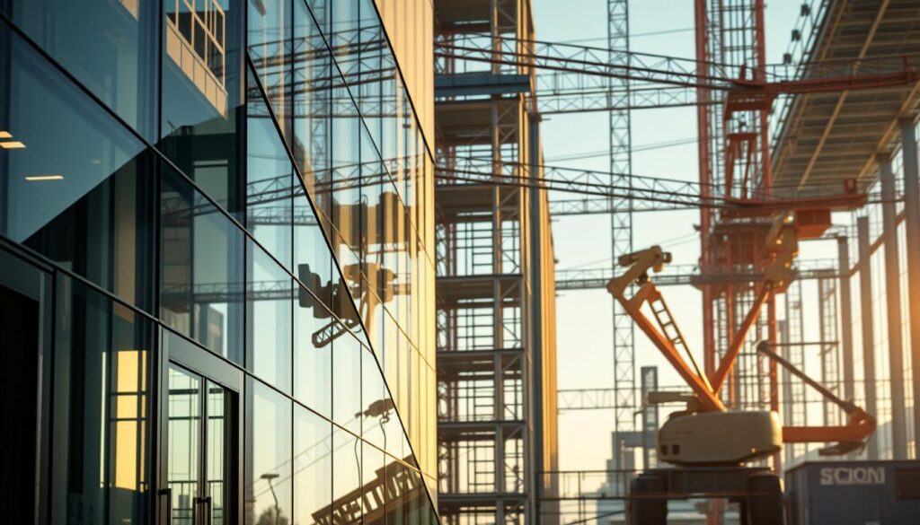 A modern architecture and engineering scene, showcasing cutting-edge building technologies. In the foreground, a sleek, angular glass facade with seamless, high-tech window and door systems. The middle ground features a 3D-printed structural support system, with robotic construction equipment in the background. Warm, diffused lighting illuminates the scene, casting long shadows and highlighting the interplay of light and shadow. The overall atmosphere conveys a sense of innovation, efficiency, and sustainable design - a vision of the future of the built environment.