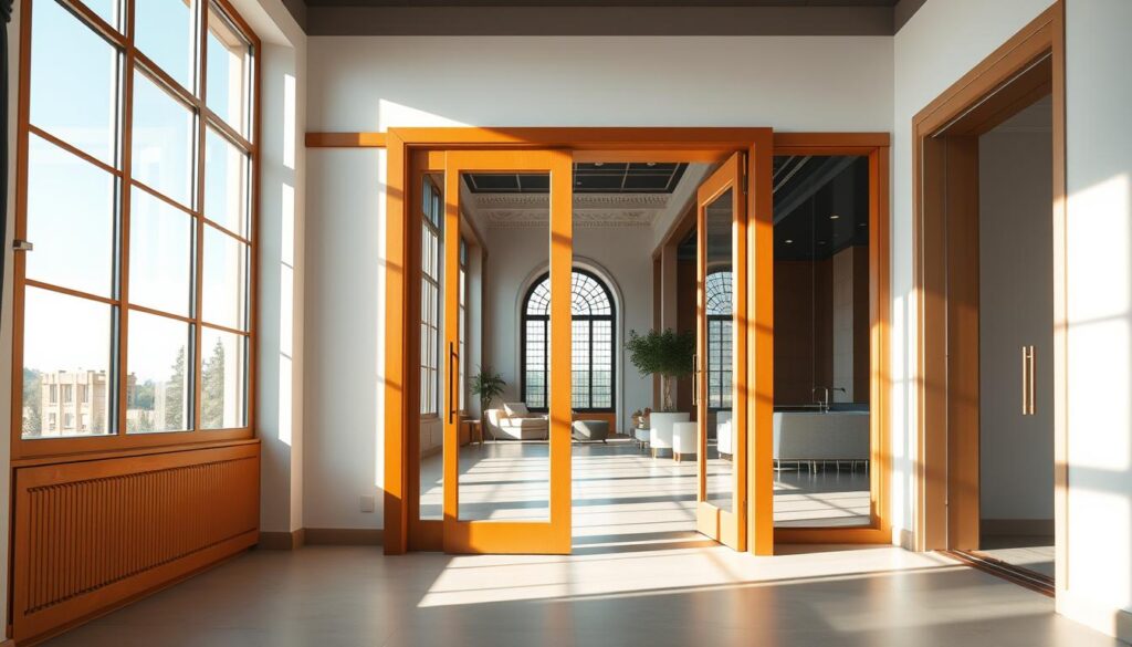 A modern, well-lit interior showcasing a seamless integration of stylish windows and doors. The foreground features sleek, minimalist frames in warm tones, complementing the clean lines of the architecture. Vibrant natural light floods the middle ground, casting soft shadows and highlighting the high-quality materials. In the background, elegant architectural details accentuate the sense of openness and functionality, conveying a harmonious balance of comfort and security. The scene exudes a tranquil, inviting atmosphere, embodying the essence of modern window and door design.