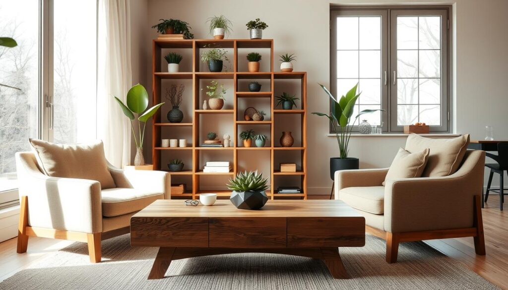 A serene living space with a natural, eco-friendly aesthetic. In the foreground, a sleek, minimalist wooden coffee table is flanked by two plush armchairs upholstered in a soft, earthy fabric. Midground, a tall, slender bookshelf made of reclaimed wood displays an assortment of potted plants and decorative items. In the background, large windows allow natural light to flood the room, casting a warm, inviting glow. The overall scene evokes a sense of harmony and simplicity, reflecting the beauty and sustainability of eco-friendly furniture.