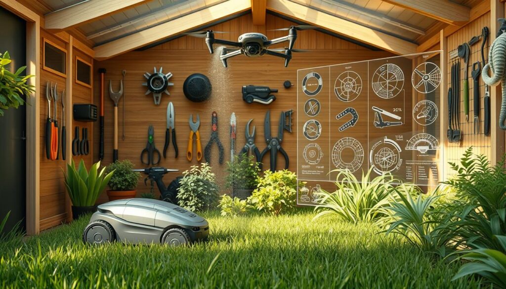 A sleek, futuristic garden shed, its walls adorned with cutting-edge gardening tools. In the foreground, a robotic lawnmower silently navigates the neatly trimmed grass, while a smart watering system sprinkles the vibrant, healthy plants. Suspended from the ceiling, a drone-like device hovers, equipped with precision pruning tools. The middle ground showcases a variety of innovative hand tools, their ergonomic designs and advanced materials on full display. In the background, a holographic display showcases the latest gardening technologies, their intricate schematics and performance metrics visible to the user. The scene is bathed in a warm, natural light, conveying a sense of harmony between technology and the natural world.