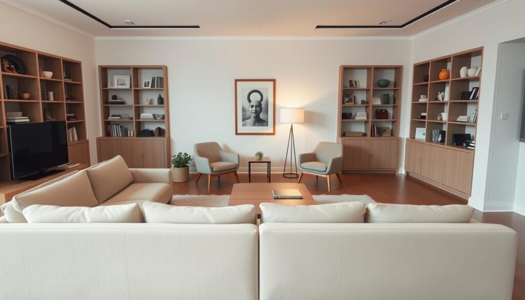 A spacious, well-lit living room with a harmonious arrangement of modern, minimalist furniture. In the foreground, a sleek, L-shaped sofa in a neutral tone anchors the space, inviting contemplation. Behind it, a wooden coffee table with clean lines reflects the ambient light. In the middle ground, a pair of ergonomic armchairs in a complementary shade flank a floor lamp, casting a warm glow. Along the walls, built-in shelves display an array of carefully curated decor, hinting at the homeowner's personal style. The overall atmosphere conveys a sense of timeless elegance and functionality, suggesting the significance of considered furniture choices.