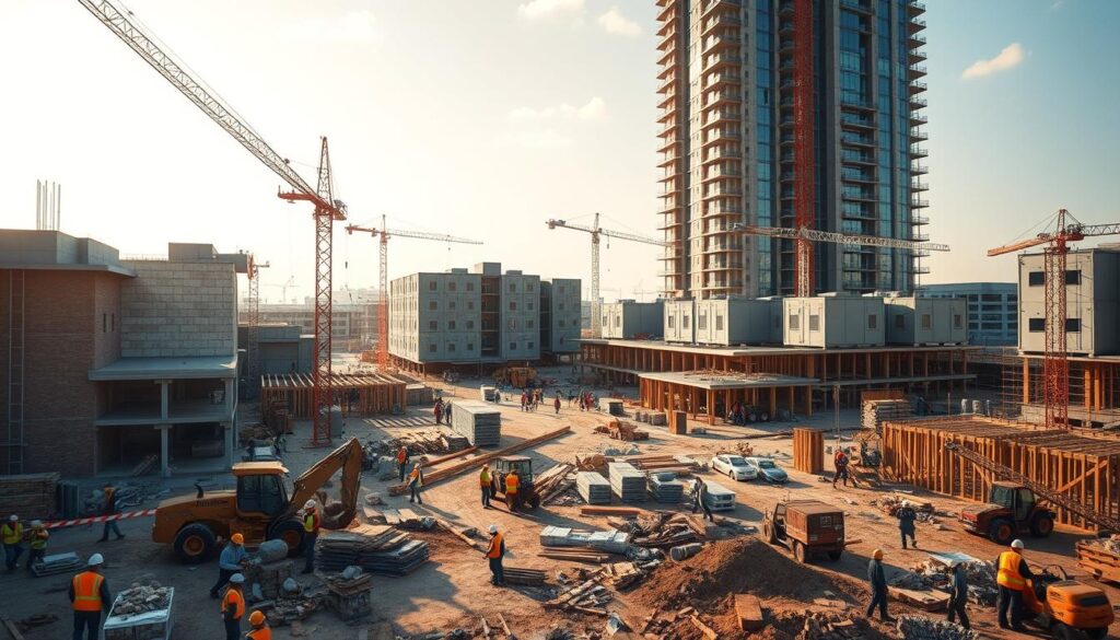 A sprawling construction site, bustling with activity. In the foreground, workers in hard hats and reflective vests lay bricks, erect wooden frames, and assemble prefabricated panels. Cranes and forklifts move materials, while excavators dig foundations. The middle ground features a mix of traditional masonry, modern steel-frame structures, and modular prefab units, showcasing the diverse building technologies. In the background, a partially completed high-rise stands tall, its sleek glass facade reflecting the sky. Warm, golden sunlight illuminates the scene, casting soft shadows and creating a sense of progress and innovation. The overall atmosphere conveys the evolving nature of construction, blending time-honored techniques with cutting-edge methods.
