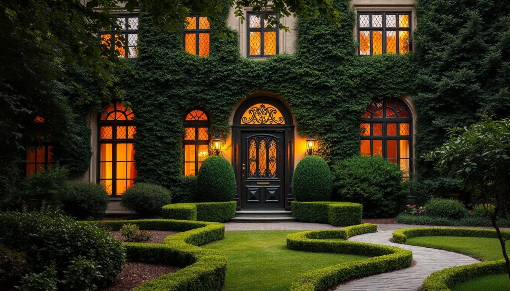 A stately manor nestled amidst lush foliage, its façade adorned with elegantly framed windows and a grand, ornate entryway. Warm, golden light filters through the panes, casting a cozy, inviting glow. The windows' intricate mullions and panes harmonize seamlessly with the door's ornate design, creating a cohesive, visually striking ensemble. Meticulously landscaped gardens and winding pathways lead the eye towards the entryway, inviting exploration. The overall scene exudes a sense of timeless sophistication and attention to architectural detail, perfectly capturing the essence of "znaczenie doboru okien i drzwi".