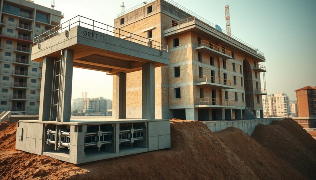 A sturdy, well-constructed building stands firm on a solid foundation, its load-bearing walls and structural elements precisely engineered to withstand the elements. In the foreground, a detailed cross-section reveals the intricate network of reinforced concrete and steel, expertly designed to distribute weight and resist moisture. The middle ground showcases the building's exterior, with a focus on the precise masonry work and precise detailing that contribute to its stability. In the background, a soft, hazy cityscape provides context, highlighting the importance of reliable construction in an urban environment. The scene is illuminated by warm, natural lighting, creating a sense of solidity and reassurance. The overall atmosphere conveys the critical role of proper foundations and waterproofing in ensuring the structural integrity and longevity of a building.