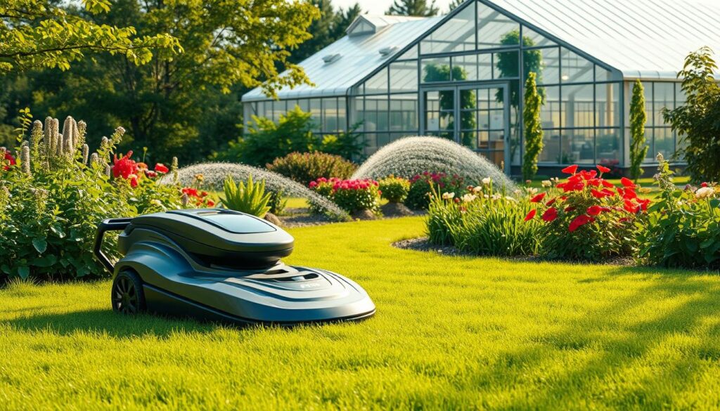 A verdant garden showcasing the integration of cutting-edge technology. In the foreground, a sleek, automated lawnmower navigates the lush, well-manicured lawn, leaving behind a pristine finish. In the middle ground, a sophisticated irrigation system waters the vibrant flowerbeds, their petals glistening under the warm, natural lighting. In the background, a towering, energy-efficient greenhouse stands, its glass panels reflecting the surrounding foliage. The scene exudes a sense of harmony between nature and modern innovation, inviting the viewer to envision the future of gardening.