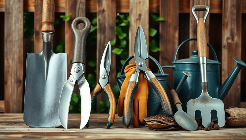 A well-curated arrangement of classic garden tools, neatly displayed against a warm, earthy backdrop. The foreground features a collection of hand tools, including a sturdy spade, a sharp pruning shears, and a trusty trowel, all gleaming with a polished finish. In the middle ground, a pair of sturdy gardening gloves and a watering can add a touch of functionality. The background showcases a rustic wooden fence, with hints of lush greenery peeking through, creating a serene, nature-inspired ambiance. The lighting is soft and diffused, casting gentle shadows and highlighting the textures of the tools. The overall composition conveys a sense of order, practicality, and a deep appreciation for the tools that help cultivate a thriving garden.