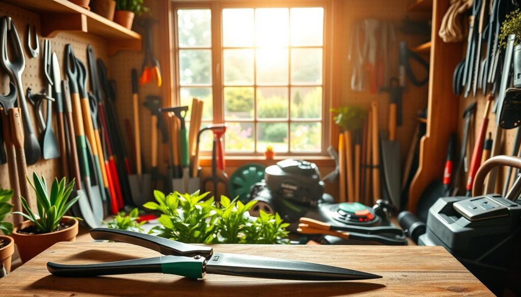 A well-equipped gardener's workshop, with an assortment of high-quality tools neatly arranged on wooden shelves. Sunlight filters through a large window, casting a warm, inviting glow over the scene. In the foreground, a pair of sturdy pruning shears and a sleek gardening trowel rest on a workbench, hinting at the care and precision required to maintain a thriving outdoor space. The middle ground showcases a range of essential tools, from a sharp spade to a robust lawnmower, each designed to tackle specific gardening tasks with efficiency. In the background, glimpses of lush greenery and a picturesque garden can be seen, underscoring the importance of investing in high-quality tools to ensure a well-tended and visually appealing outdoor oasis.