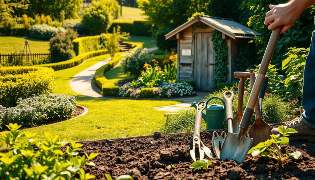 A well-tended garden in the warm afternoon sunlight, with a vibrant array of lush plants, neatly trimmed hedges, and a winding path leading through the verdant landscape. In the foreground, a gardener tending to the soil with a sturdy shovel, their hands calloused from years of diligent care. The middle ground showcases a variety of gardening tools neatly arranged, including pruning shears, a watering can, and a hand cultivator. In the background, a charming garden shed stands, its weathered wood and climbing vines adding to the serene, natural atmosphere. The overall scene conveys a sense of tranquility, balance, and the rewarding effort required to maintain a beautiful, thriving outdoor space.
