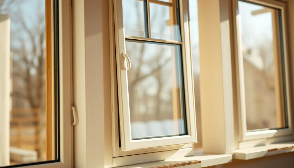 High-quality, energy-efficient windows with modern, sleek designs. A close-up view showcases the intricate glass panes, energy-saving coatings, and robust frame construction. Warm, natural lighting illuminates the scene, highlighting the sophisticated appearance and attention to detail. The windows are set against a clean, minimalist background, allowing the engineering and craftsmanship to take center stage. A sense of comfort, efficiency, and architectural elegance permeates the image, capturing the essence of "okna energooszczędne" and their potential to enhance a home's aesthetic and energy performance.
