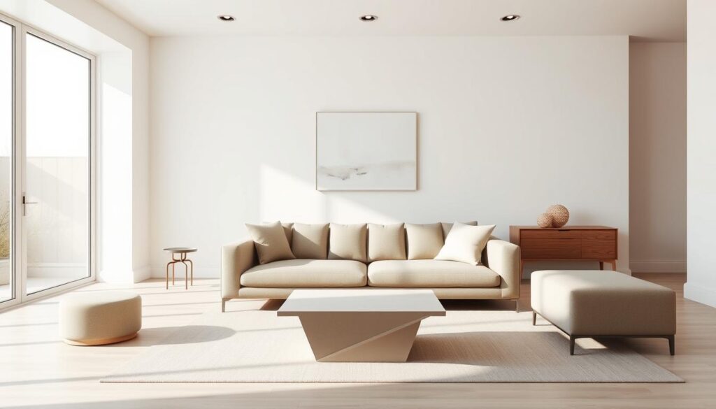 Prompt A serene, minimalist living room with clean lines and a neutral color palette. Soft, natural lighting filters through large windows, casting a warm glow on the sparse furnishings. A sleek, low-profile sofa dominates the foreground, complemented by a simple, geometric coffee table. The walls are adorned with a single, abstract artwork, creating a focal point. The room exudes a sense of tranquility and elegance, embodying the essence of minimalist interior design.